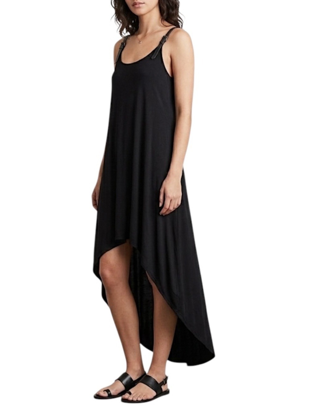 RUDSAK black jersey knit high low leather strap minimalist midi maxi dress M